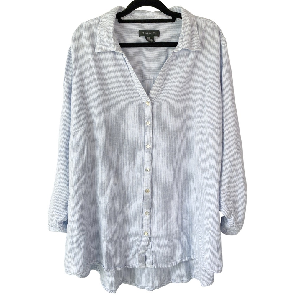 Tahari Womens Linen Shirt 2X Blue Striped Button Up Roll Tab Sleeve Coastal